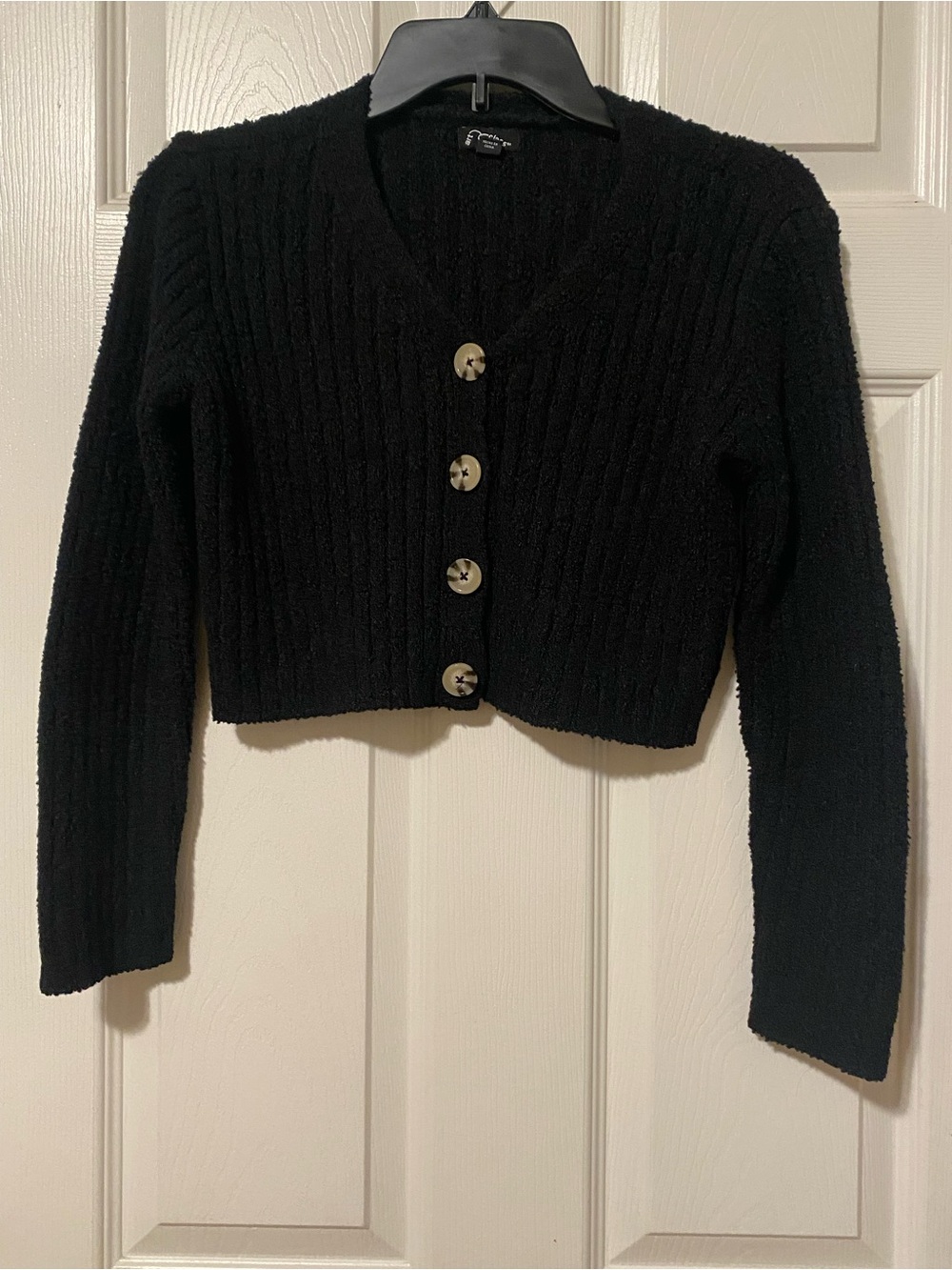 art class Black Ribbed Cropped Button-Up Cardigan